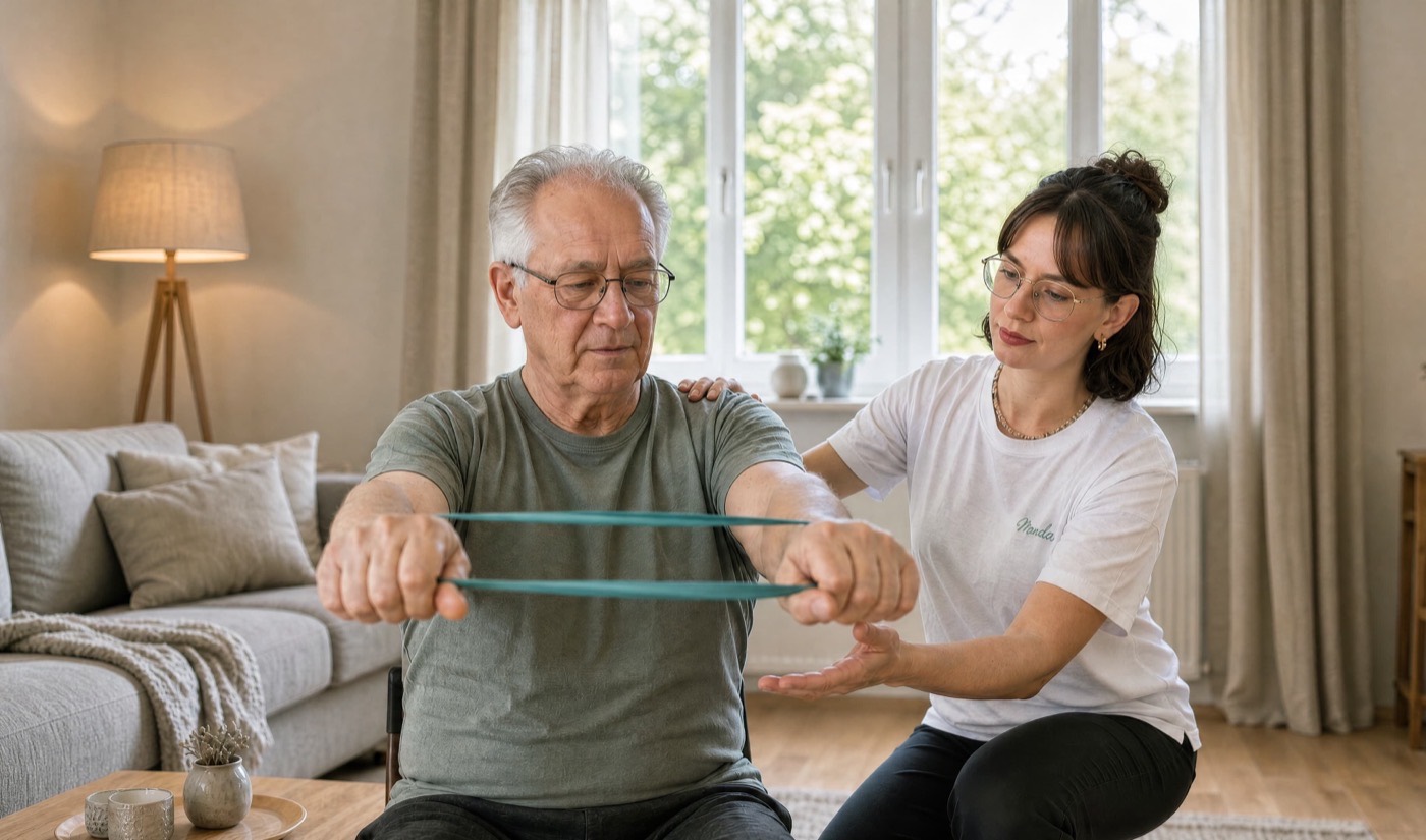Physiotherapeutin leitet einen älteren Mann bei einer Übung mit dem Theraband an, in seinem Wohnzimmer